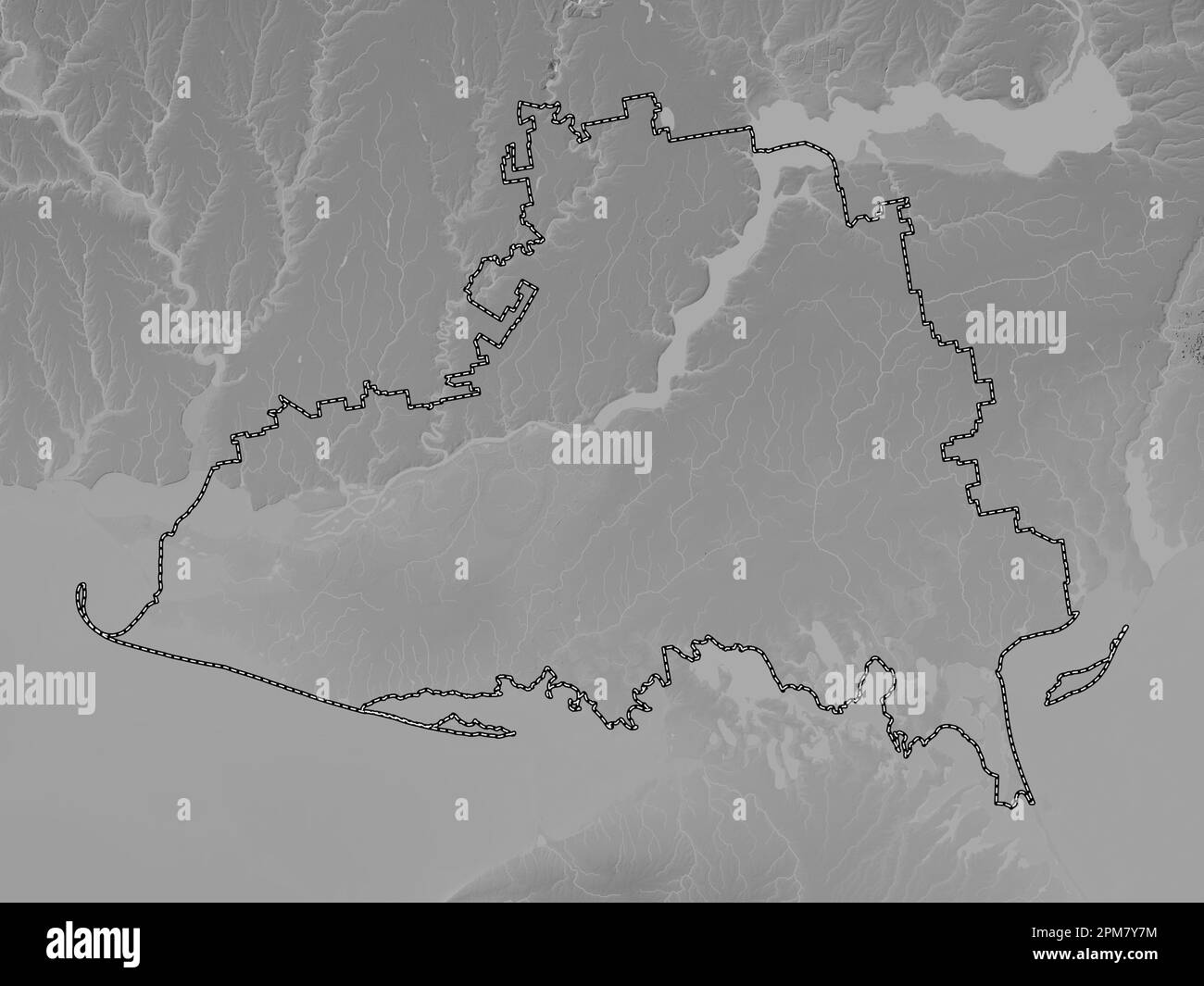 Kherson, Region der Ukraine. Grauskala-Höhenkarte mit Seen und Flüssen Stockfoto