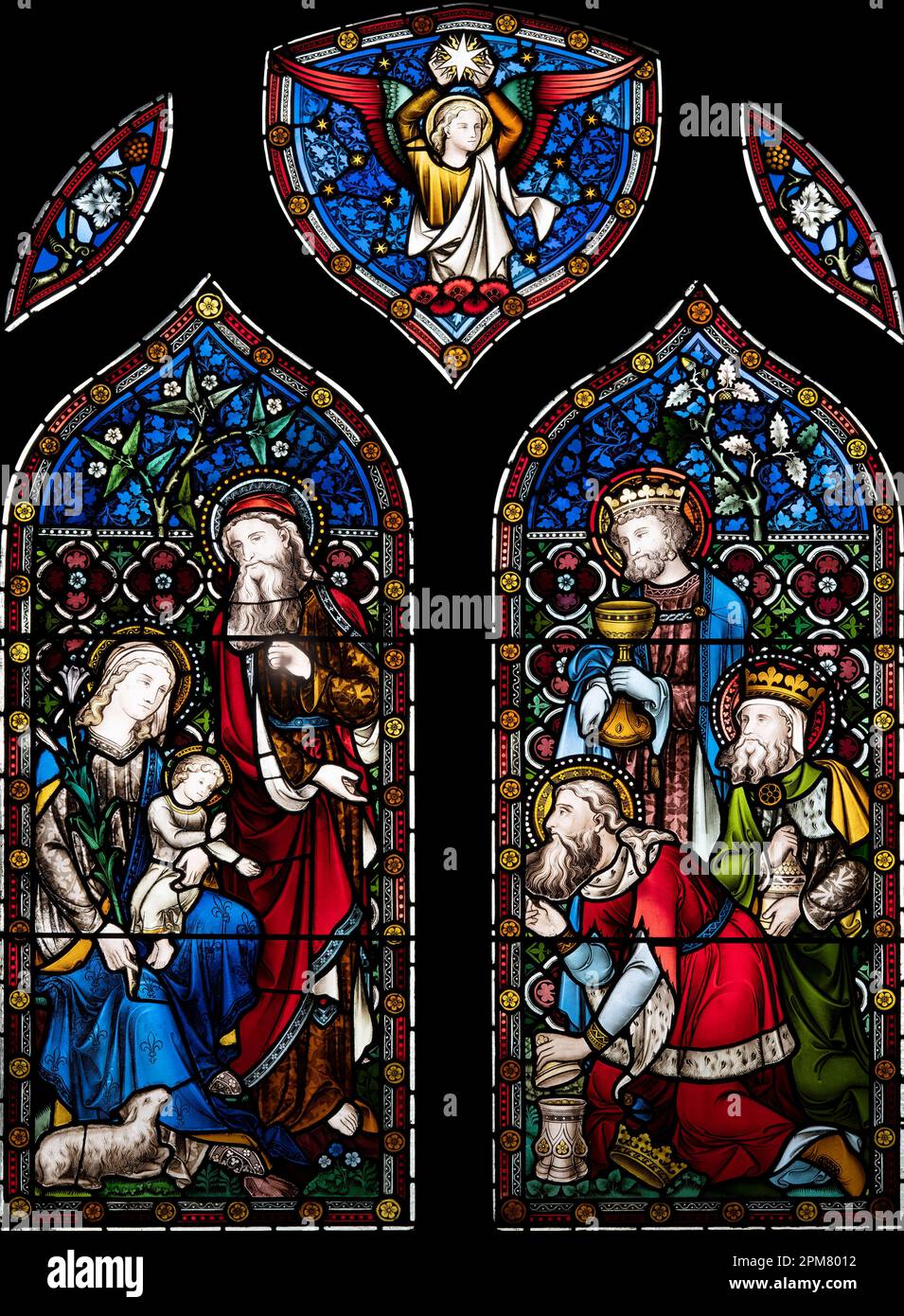 Der Besuch der Three Magi to Mary and Joseph von Hardman (1864), St. Mary and All Saints Church, Whalley, Lancashire, Großbritannien Stockfoto