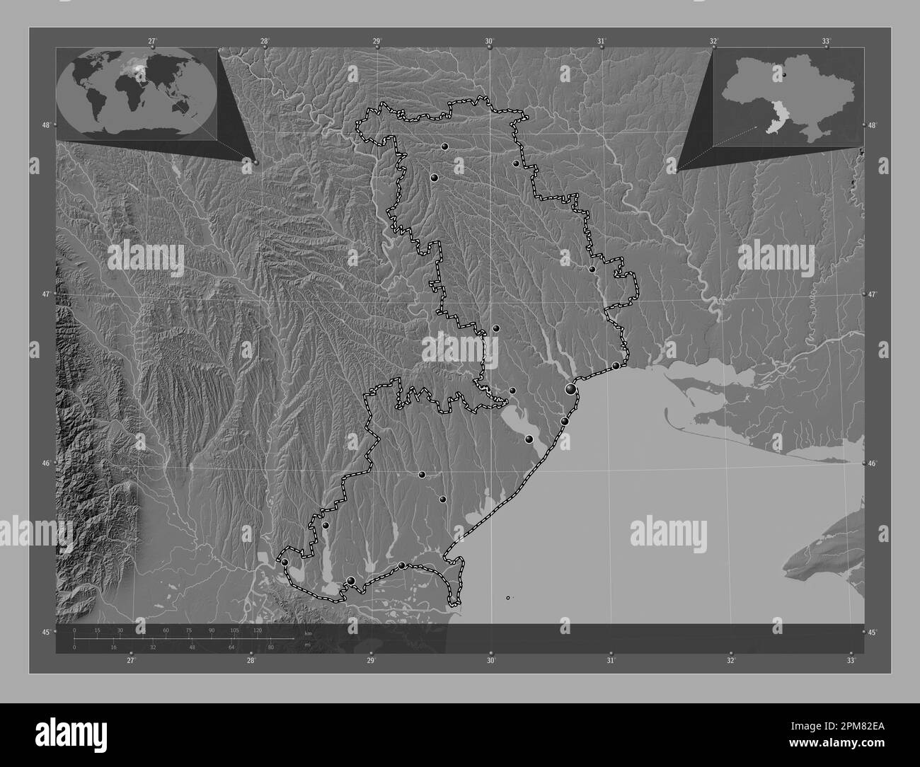 Odessa, Region der Ukraine. Bilevel-Höhenkarte mit Seen und Flüssen. Standorte der wichtigsten Städte der Region. Eckkarten für zusätzliche Standorte Stockfoto