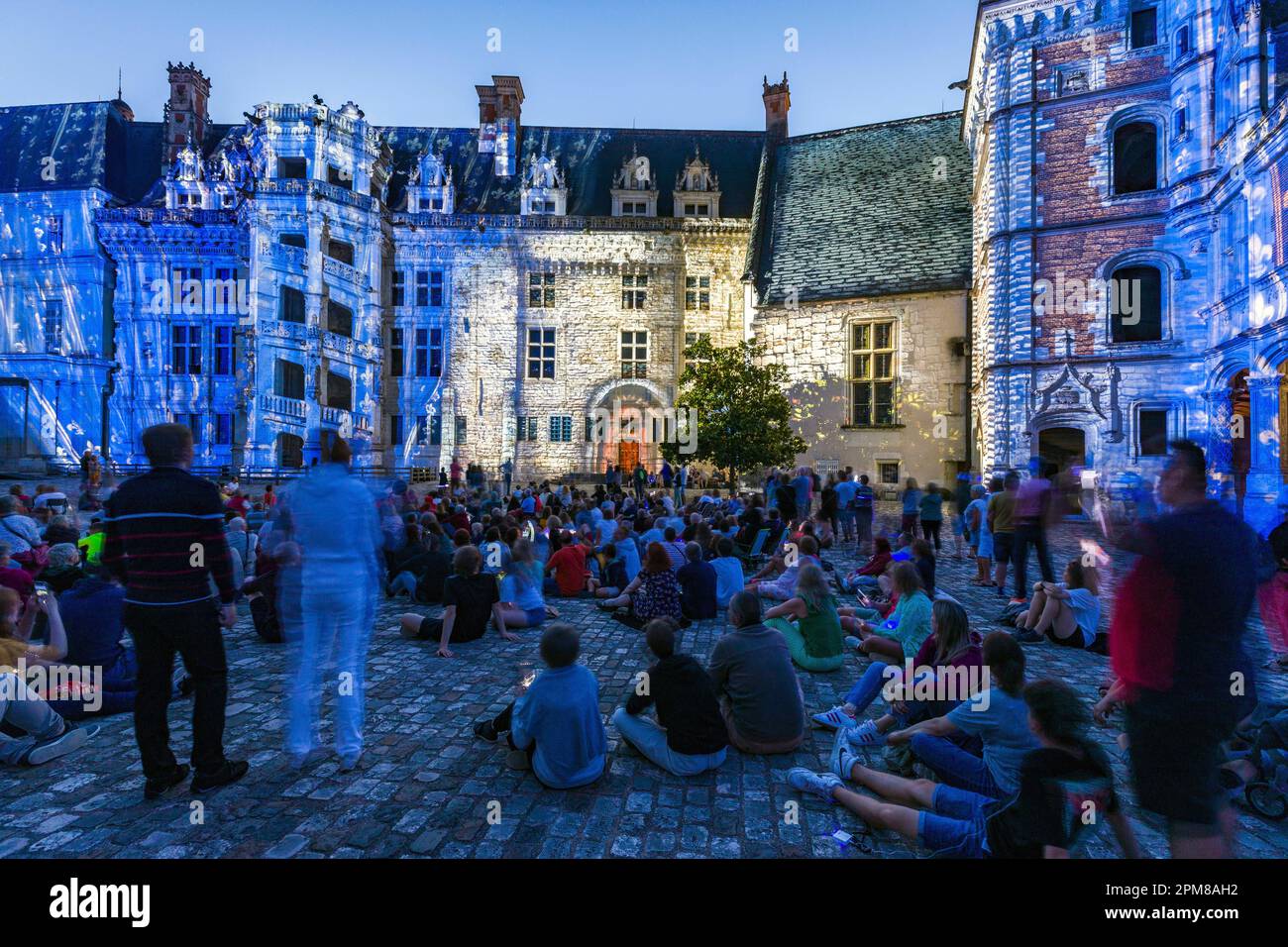 Frankreich, Loir-et-Cher, Blois, Loire-Tal, das von der UNESCO zum Weltkulturerbe erklärt wurde, Château Royal de Blois, die Ton- und Lichtshow nutzt die neuesten Technologien: 3D-Modellierung der Morphologie der Fassaden, räumliche Stimmen, Videokartierung, Verwendung von kinematografischen Prozessen, Einbettung echter Filmszenen Stockfoto