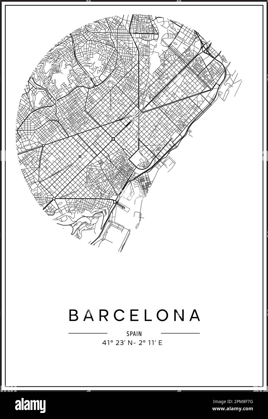 In Schwarzweiß druckbarer Stadtplan von Barcelona, Posterdesign, Vektorverband. Stock Vektor