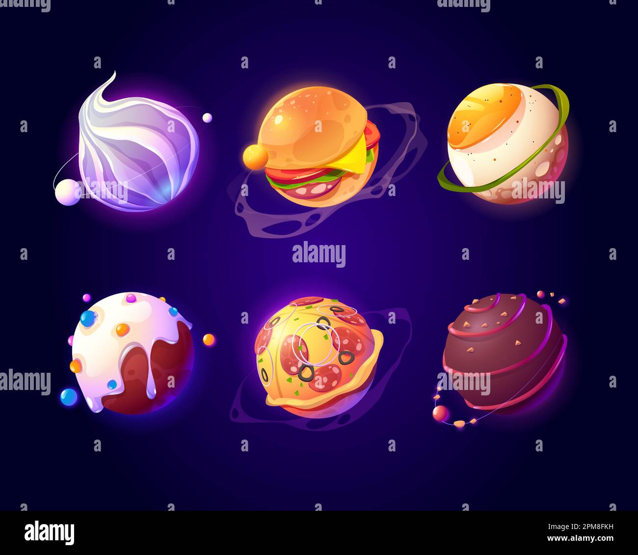 Nahrungsmittelplaneten im Weltraum. Vector Cartoon witziges Set aus Kugeln mit Donut, Pizza, Schokoladenbonbons, Burger und Spiegelei Textur. Comic-Set aus fantasievoller, schmackhafter Galaxiewelt Stock Vektor