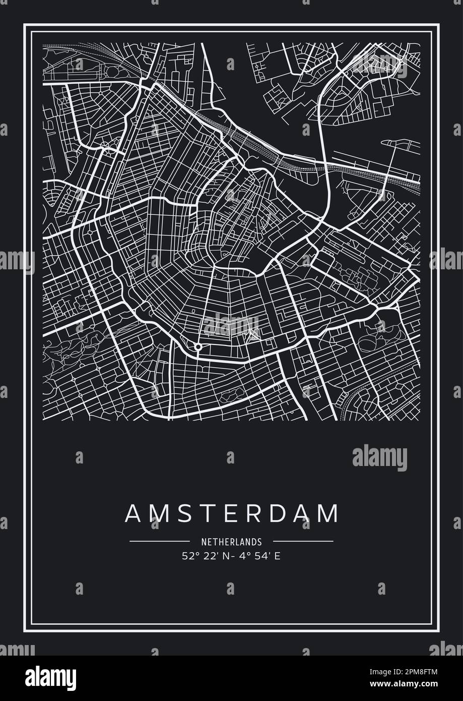 Schwarz-weiß bedruckbarer Stadtplan von Amsterdam, Posterdesign, Vektorverband. Stock Vektor