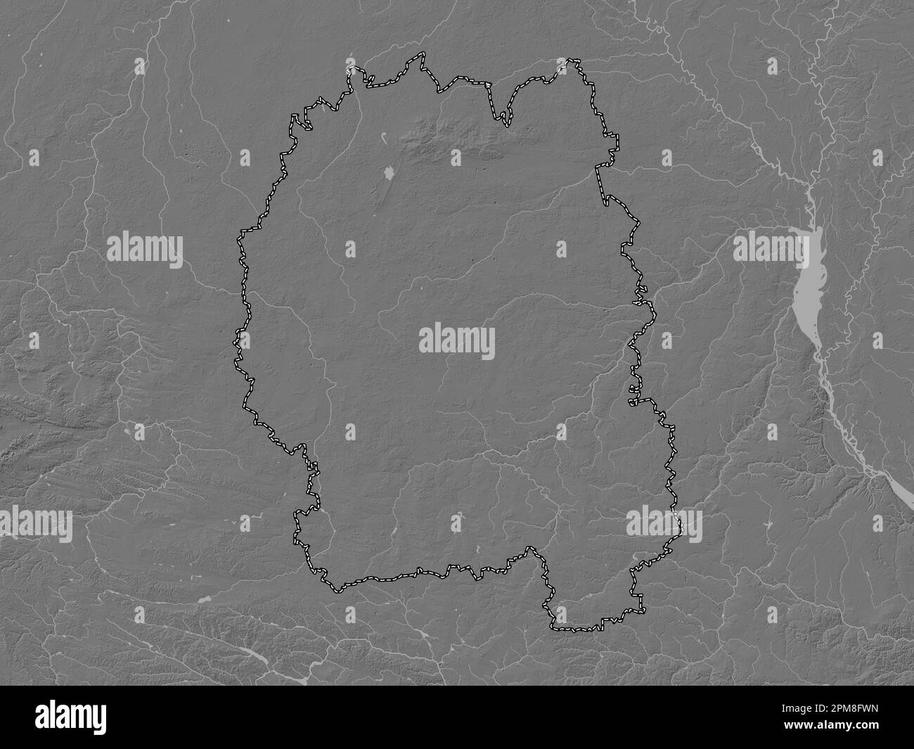 Zhytomyr, Region der Ukraine. Bilevel-Höhenkarte mit Seen und Flüssen Stockfoto