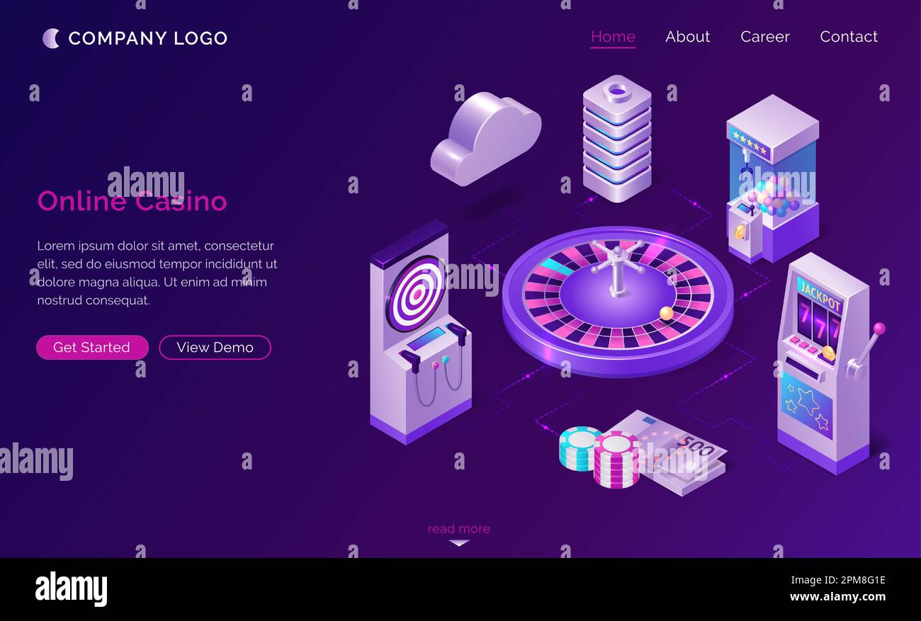 Isometrische Landing-Page im Online-Casino, Roulette-Rad umgeben von Faultiermaschinen, einarmigen Banditen, Geld und Chips. internet-Glücksspiele Cloud-System-Service, Branche, 3D-Vektor-Webbanner Stock Vektor