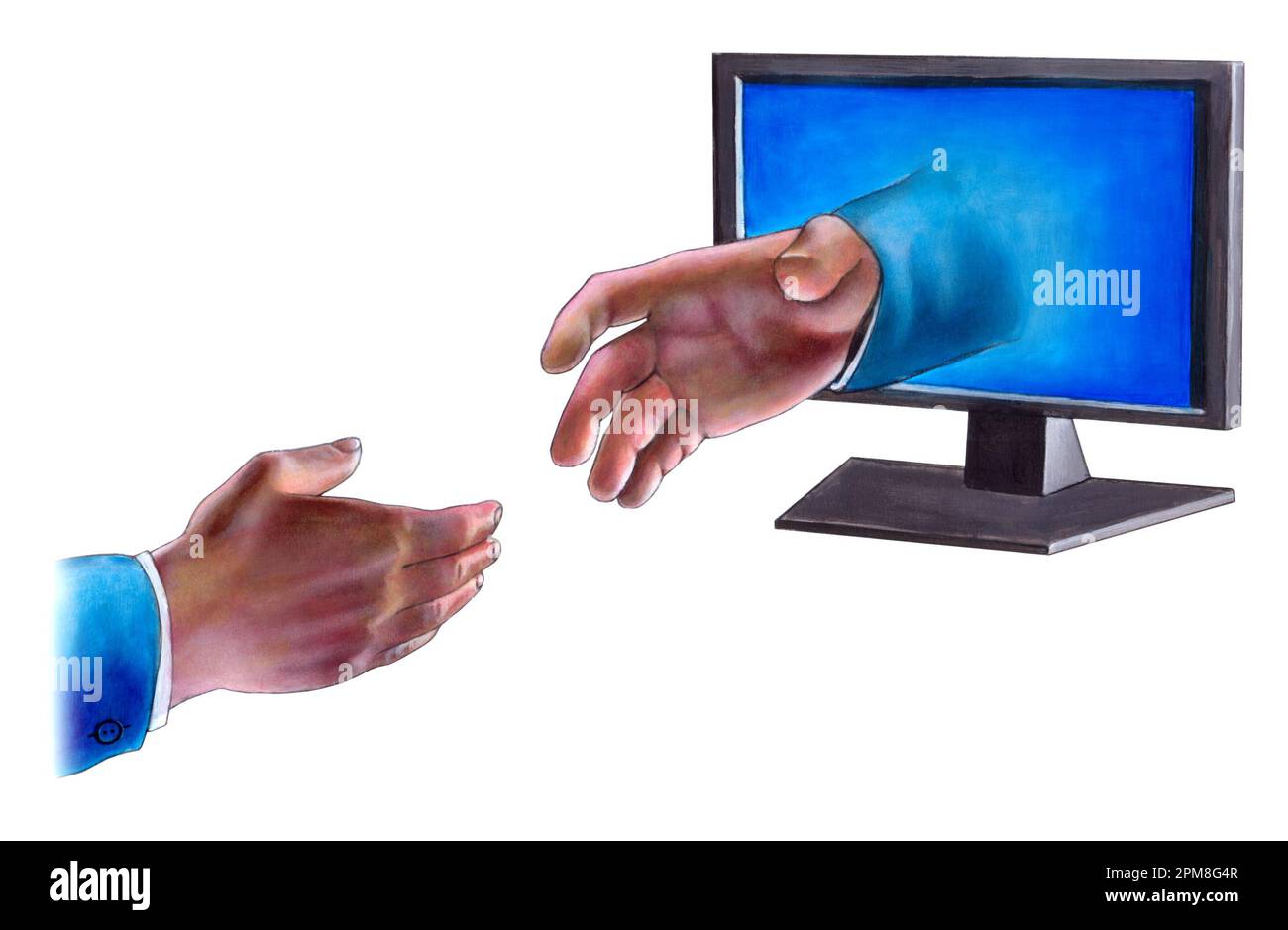 Zwei Geschäftsleute zittern die Hände, eine kommt aus einem lcd-Monitor. Meine originale handgemalte Illustration. Stockfoto