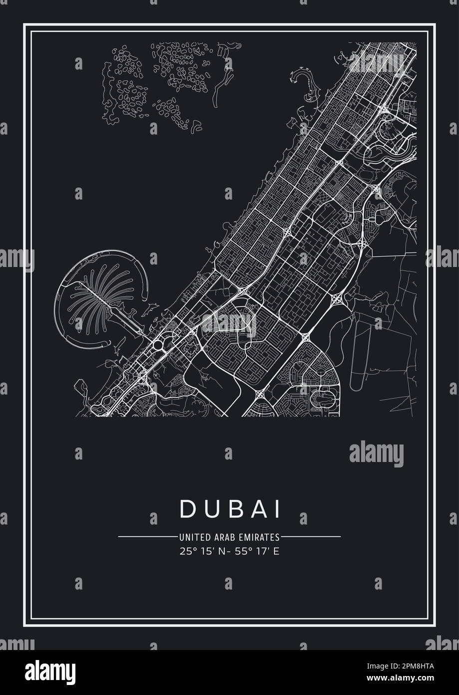 Schwarz-weiß bedruckbarer Stadtplan von Dubai, Posterdesign, Vektorverfilterung. Stock Vektor