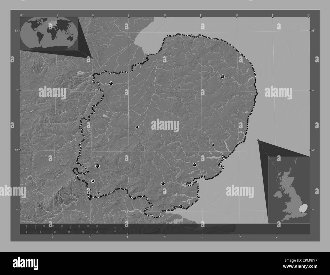 Ost-England, Region des Vereinigten Königreichs. Bilevel-Höhenkarte mit Seen und Flüssen. Standorte der wichtigsten Städte der Region. Ecke Zusatzanschluss Stockfoto