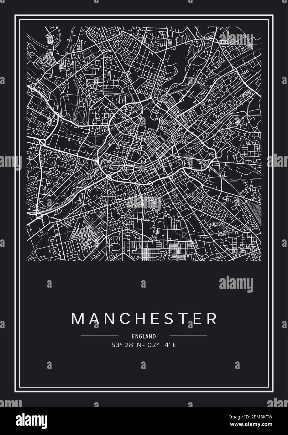 In Schwarzweiß druckbarer Stadtplan von Manchester, Posterdesign, Vektorverband. Stock Vektor