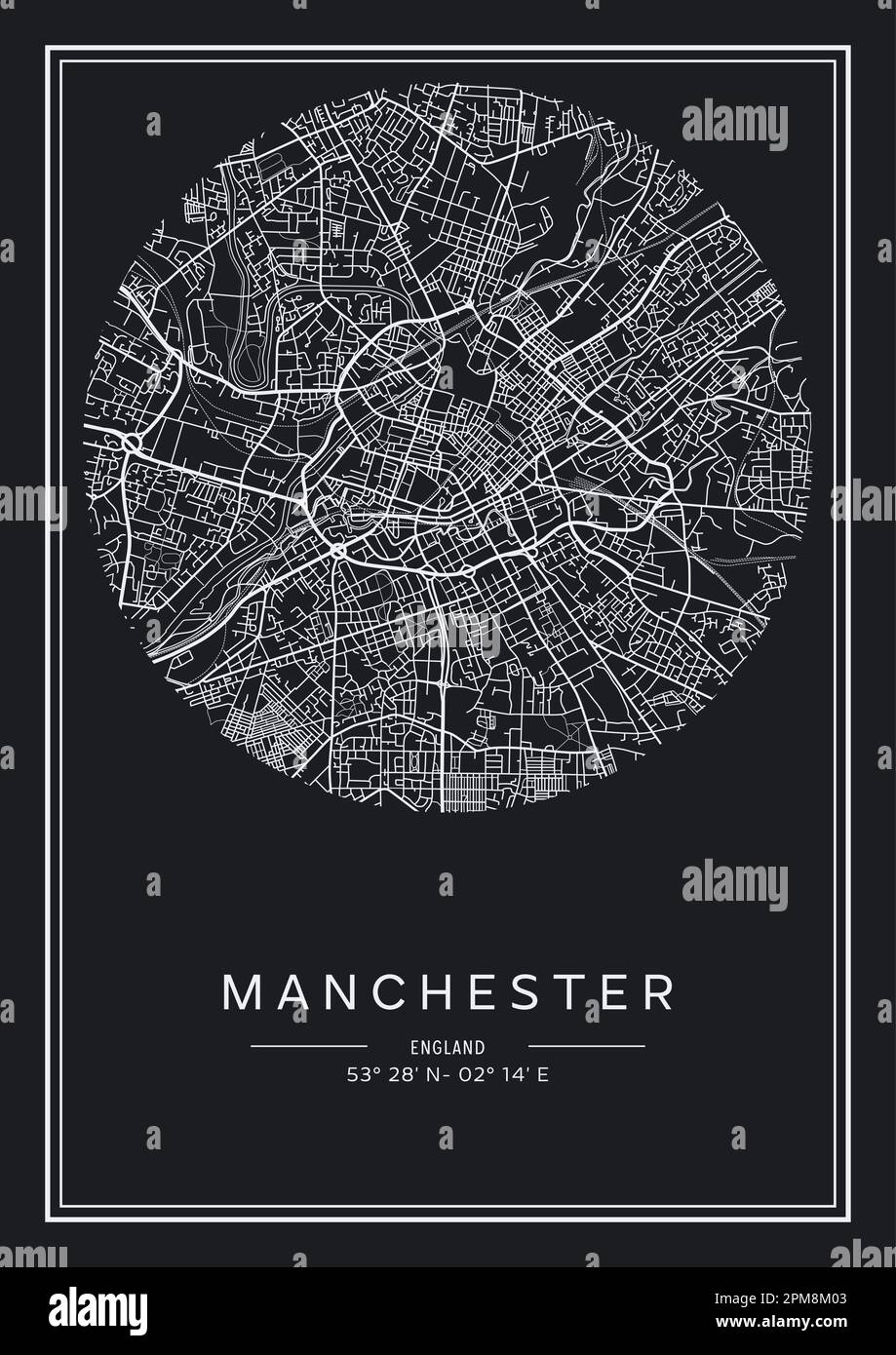 In Schwarzweiß druckbarer Stadtplan von Manchester, Posterdesign, Vektorverband. Stock Vektor