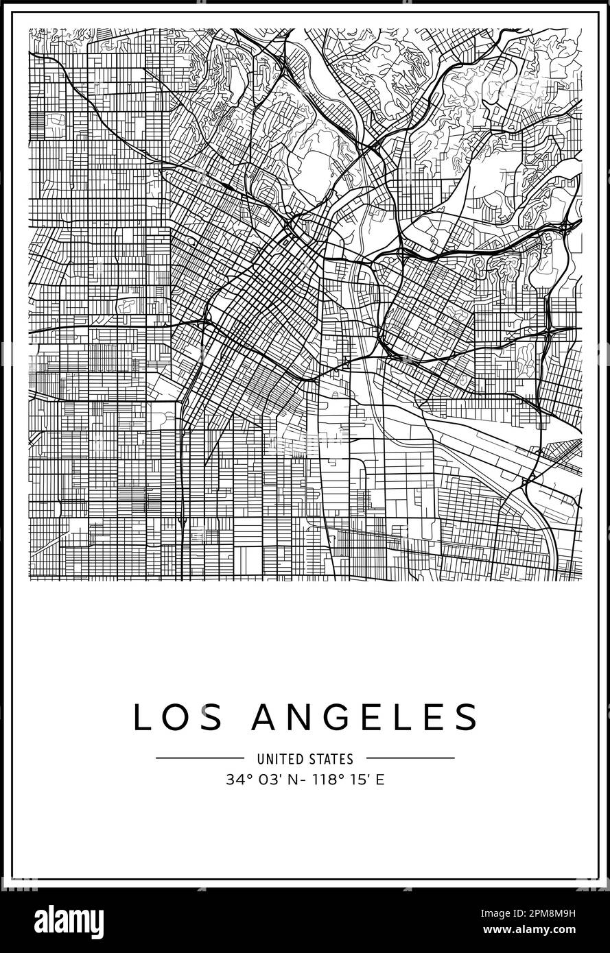 In Schwarz-Weiß druckbarer Stadtplan von Los Angeles, Posterdesign, Vektorverband. Stock Vektor