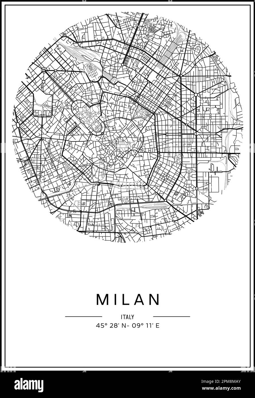 In Schwarz-Weiß druckbarer Stadtplan Mailands, Posterdesign, Vektorverband. Stock Vektor