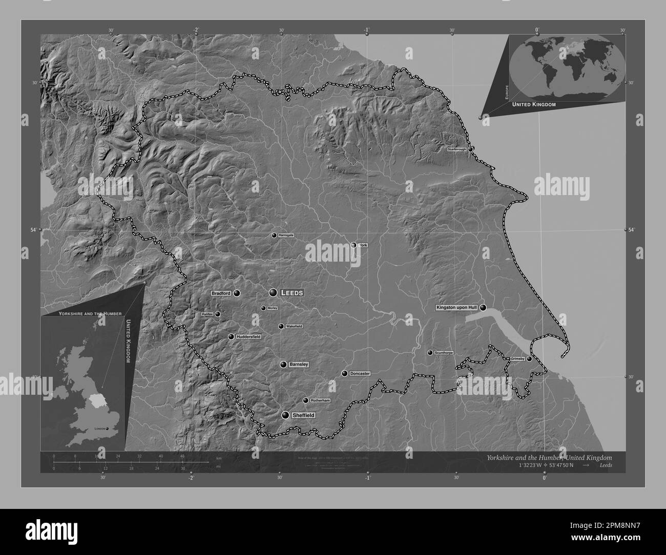 Yorkshire und Humber, Region des Vereinigten Königreichs. Bilevel-Höhenkarte mit Seen und Flüssen. Standorte und Namen der wichtigsten Städte der Region. Co Stockfoto