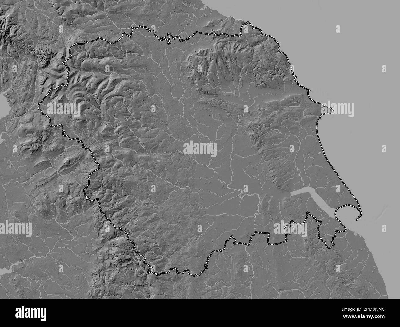 Yorkshire und Humber, Region des Vereinigten Königreichs. Bilevel-Höhenkarte mit Seen und Flüssen Stockfoto