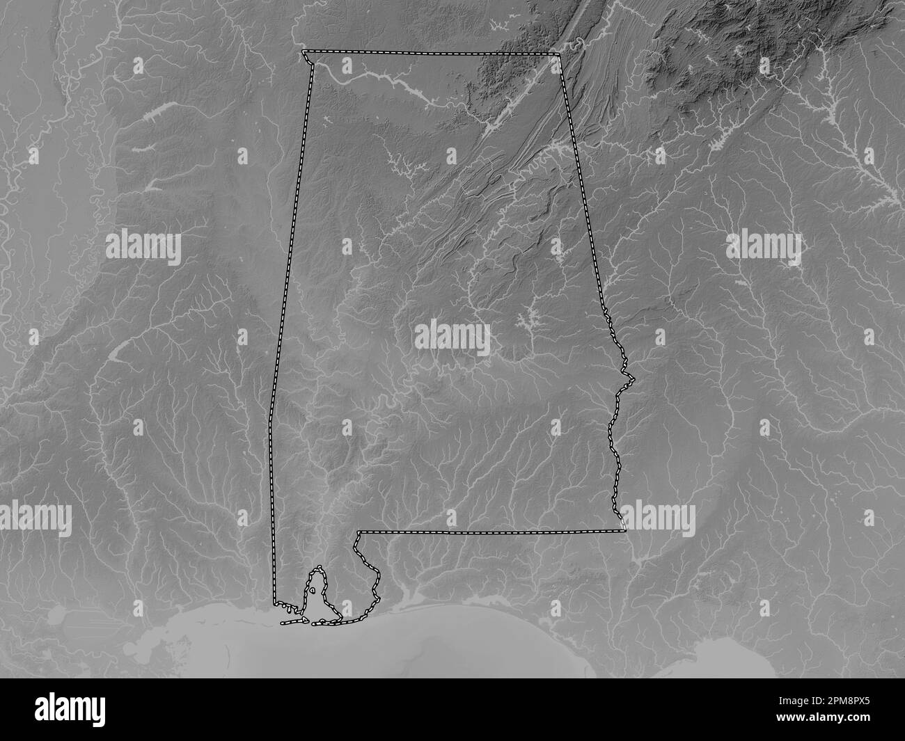 Alabama, Bundesstaat der Vereinigten Staaten von Amerika. Grauskala-Höhenkarte mit Seen und Flüssen Stockfoto