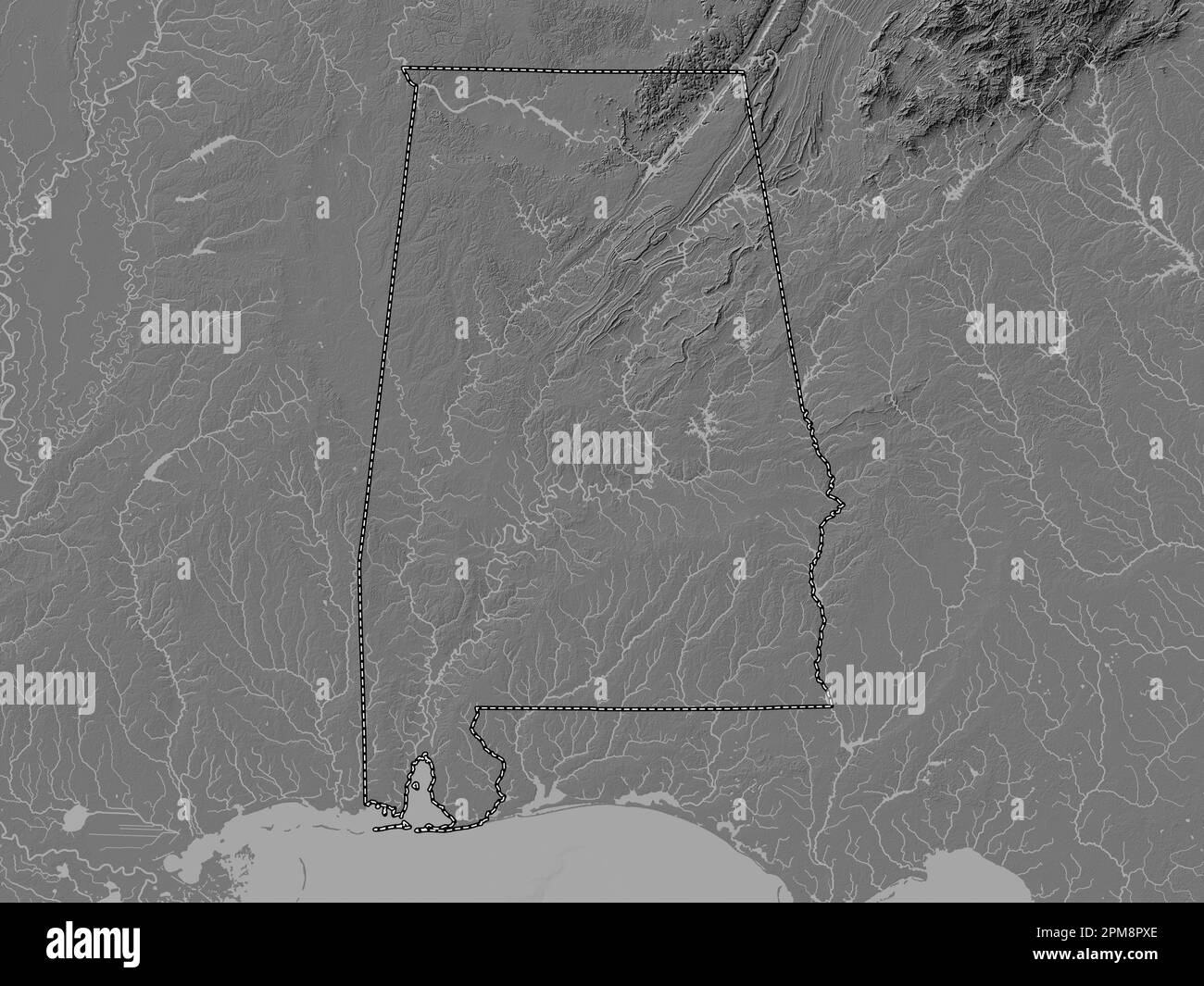 Alabama, Bundesstaat der Vereinigten Staaten von Amerika. Bilevel-Höhenkarte mit Seen und Flüssen Stockfoto