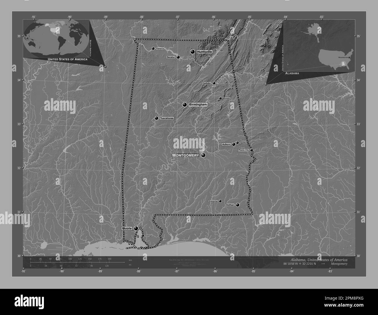 Alabama, Bundesstaat der Vereinigten Staaten von Amerika. Bilevel-Höhenkarte mit Seen und Flüssen. Standorte und Namen der wichtigsten Städte der Region. Ecke Zusatzgeräte Stockfoto