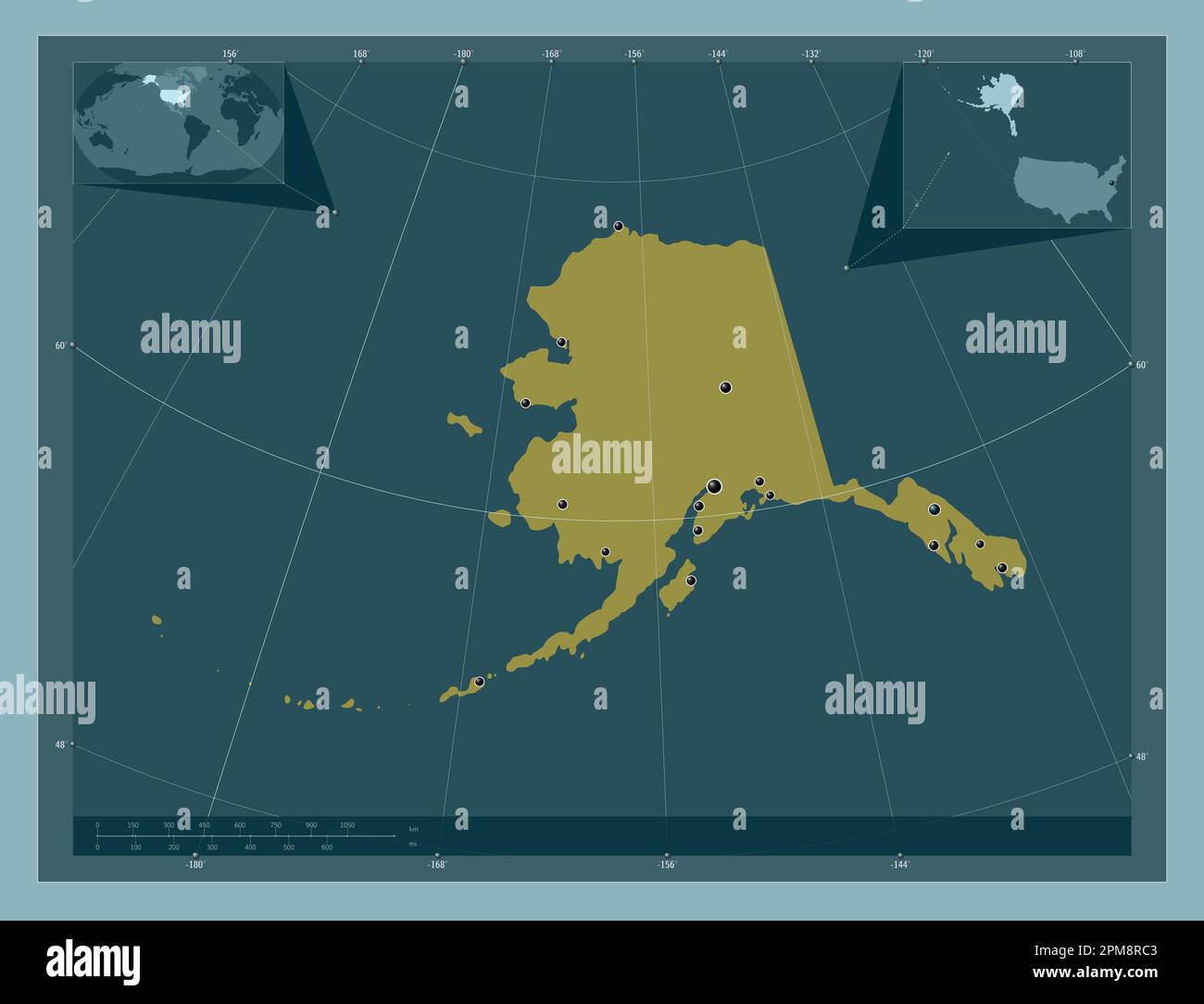 Alaska, Bundesstaat der Vereinigten Staaten von Amerika. Durchgehende Farbform. Standorte der wichtigsten Städte der Region. Eckkarten für zusätzliche Standorte Stockfoto