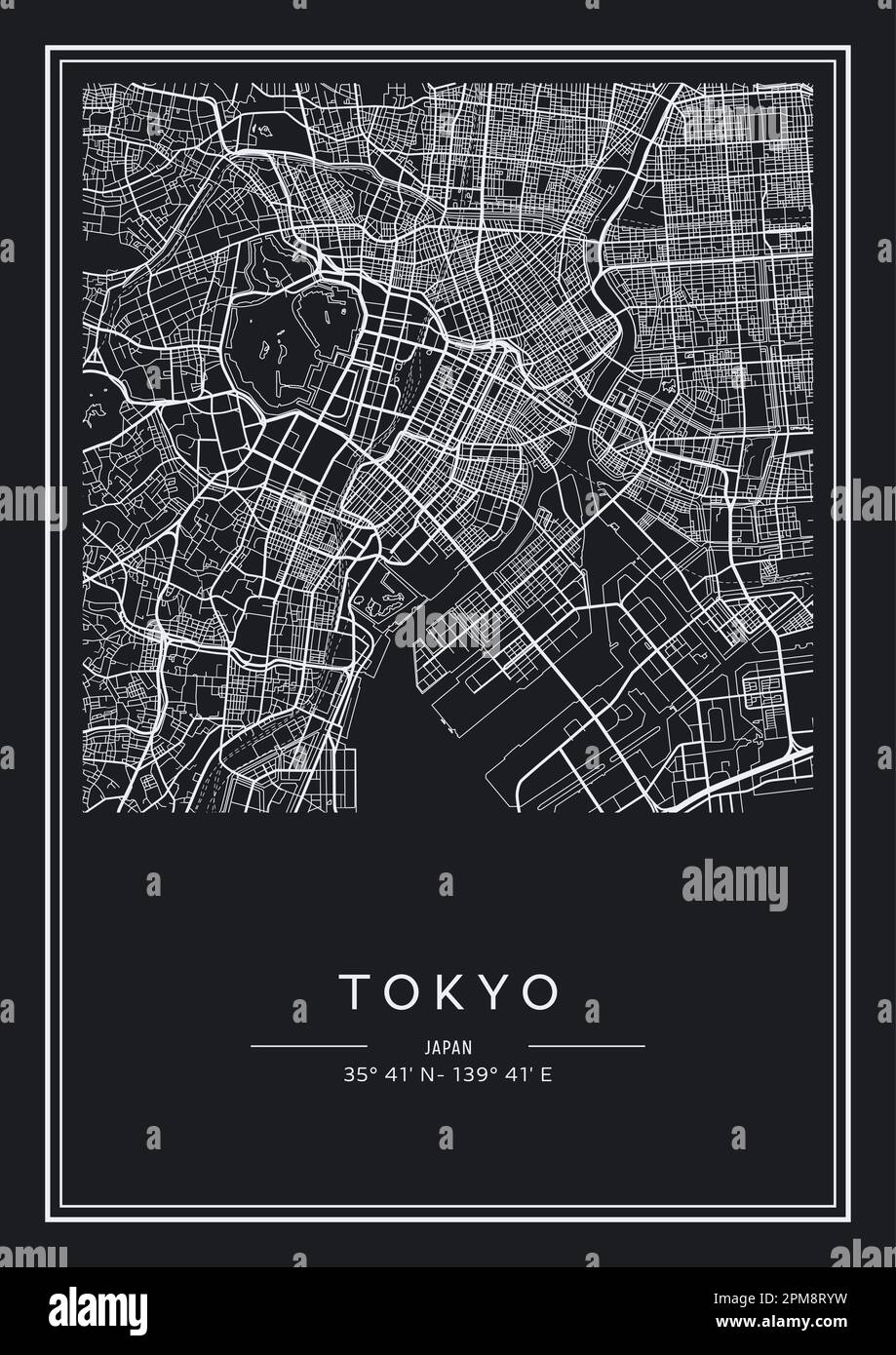In Schwarz-Weiß druckbarer Stadtplan Tokio, Posterdesign, Vektorverband. Stock Vektor