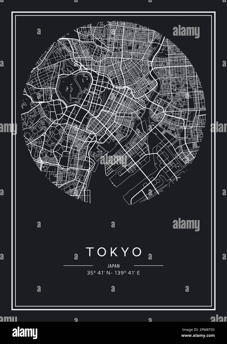 In Schwarz-Weiß druckbarer Stadtplan Tokio, Posterdesign, Vektorverband. Stock Vektor
