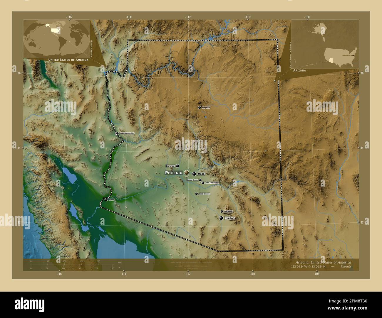 Arizona, Bundesstaat der Vereinigten Staaten von Amerika. Farbige Höhenkarte mit Seen und Flüssen. Standorte und Namen der wichtigsten Städte der Region. Ecke Zusatzgeräte Stockfoto