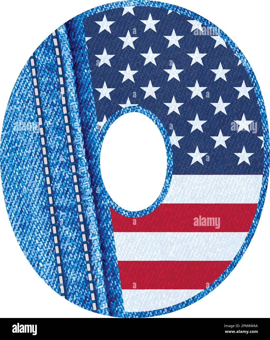 Der Buchstabe O mit der Textur aus blauem Denim und US-Flagge - der erste Buchstabe O mit jean-Stoff und amerikanischer Flagge - Vector-jean-Stoff mit den Buchstaben A bis Z Stock Vektor