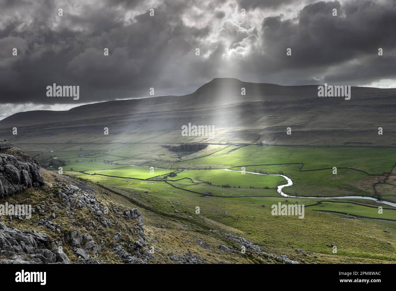 Ingleborough und der Fluss Doe aus Twisleton Scar, Yorkshire Dales, Großbritannien Stockfoto