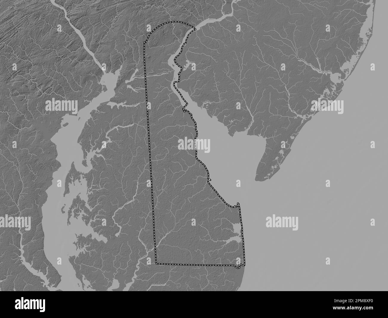 Delaware, Bundesstaat der Vereinigten Staaten von Amerika. Bilevel-Höhenkarte mit Seen und Flüssen Stockfoto