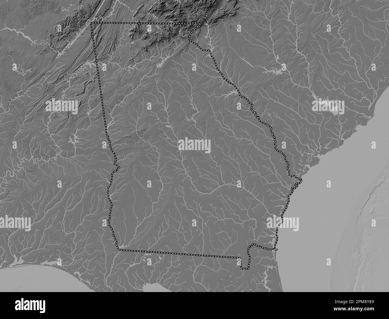 Georgia, Bundesstaat der Vereinigten Staaten von Amerika. Bilevel-Höhenkarte mit Seen und Flüssen Stockfoto