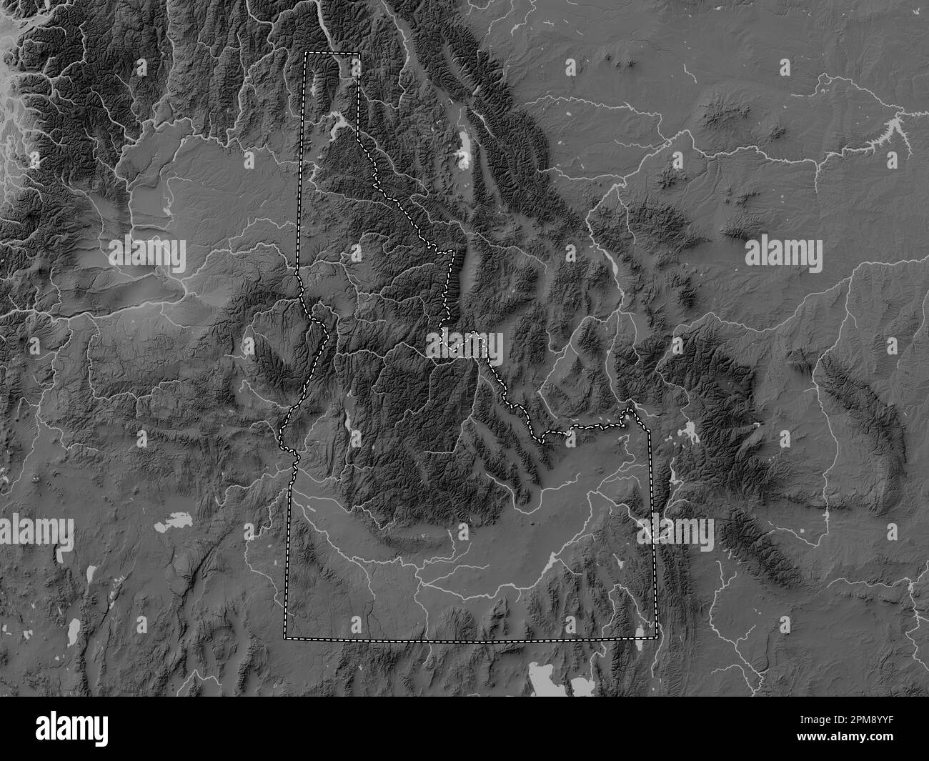 Idaho, Bundesstaat der Vereinigten Staaten von Amerika. Grauskala-Höhenkarte mit Seen und Flüssen Stockfoto