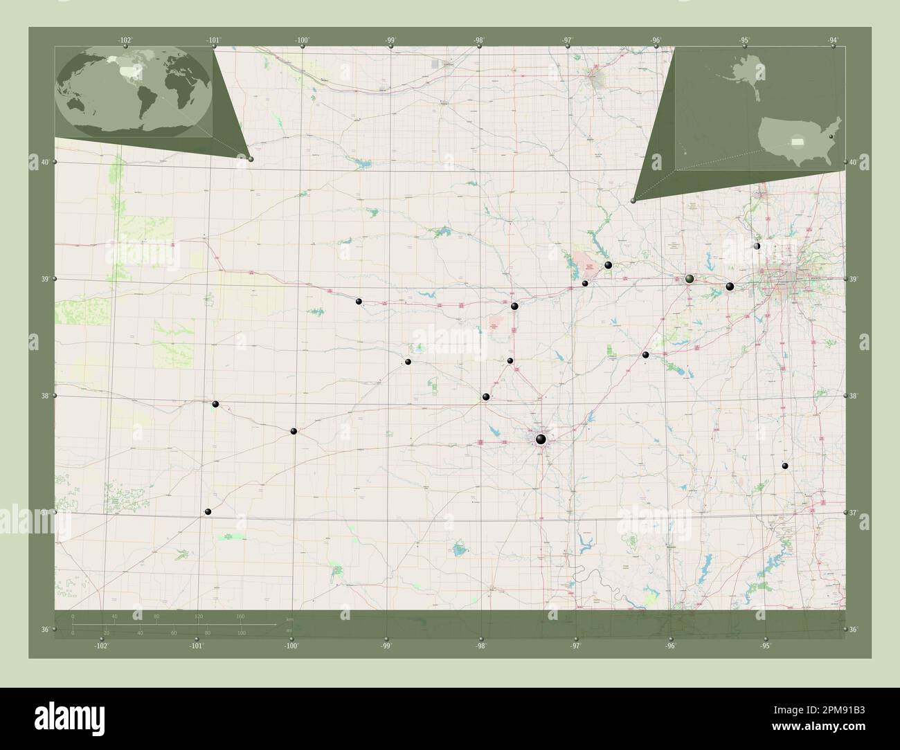 Kansas, Bundesstaat der Vereinigten Staaten von Amerika. Straßenkarte Öffnen. Standorte der wichtigsten Städte der Region. Eckkarten für zusätzliche Standorte Stockfoto