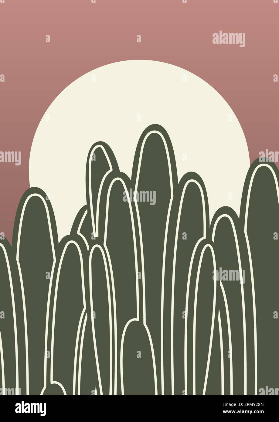 Poster zeitgenössischer ästhetischer Kaktus in Wüstenlandschaft. Saguaro im Nachttal. Stock Vektor