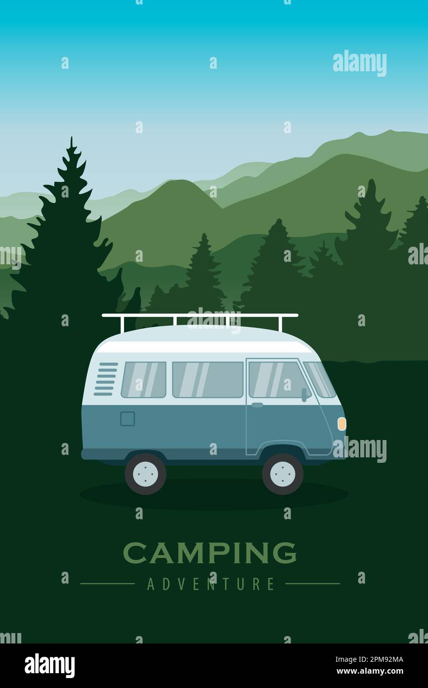 Camping-Abenteuer-Campingbus in grüner Berg- und Waldlandschaft Stock Vektor