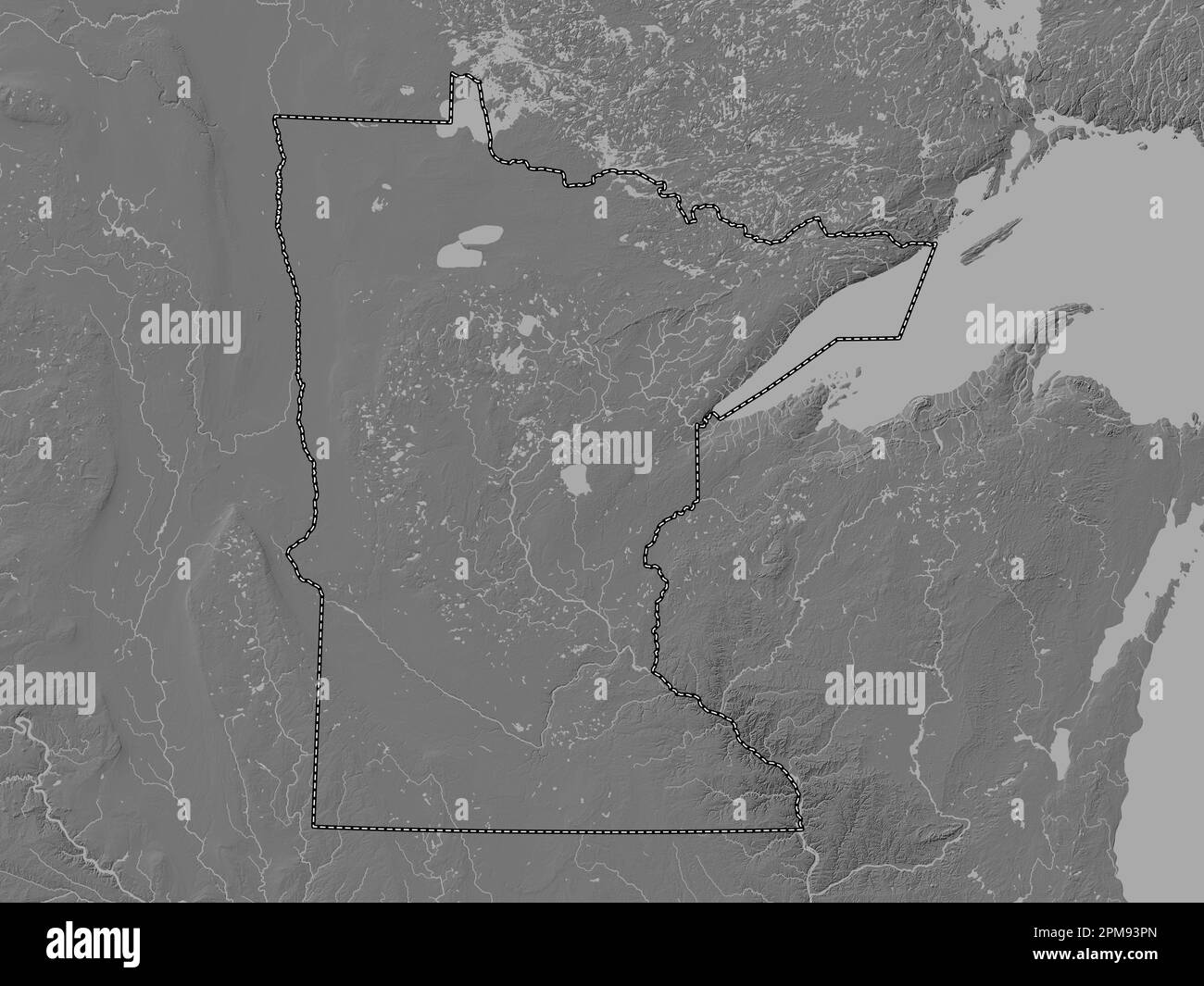 Minnesota, Bundesstaat der Vereinigten Staaten von Amerika. Bilevel-Höhenkarte mit Seen und Flüssen Stockfoto