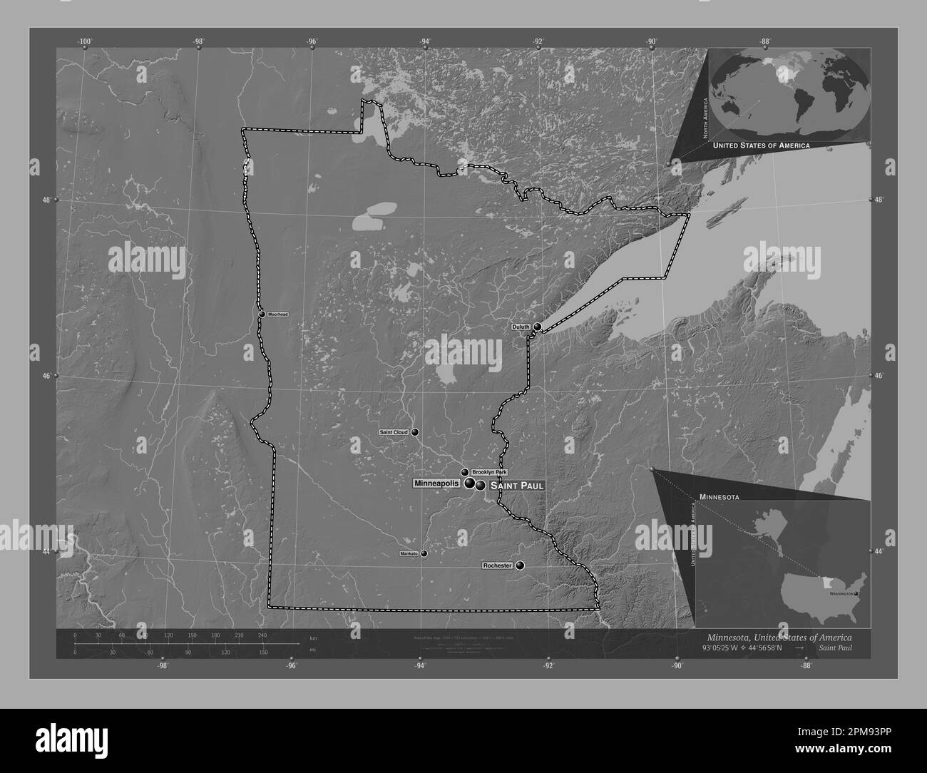 Minnesota, Bundesstaat der Vereinigten Staaten von Amerika. Bilevel-Höhenkarte mit Seen und Flüssen. Standorte und Namen der wichtigsten Städte der Region. Ecke A Stockfoto