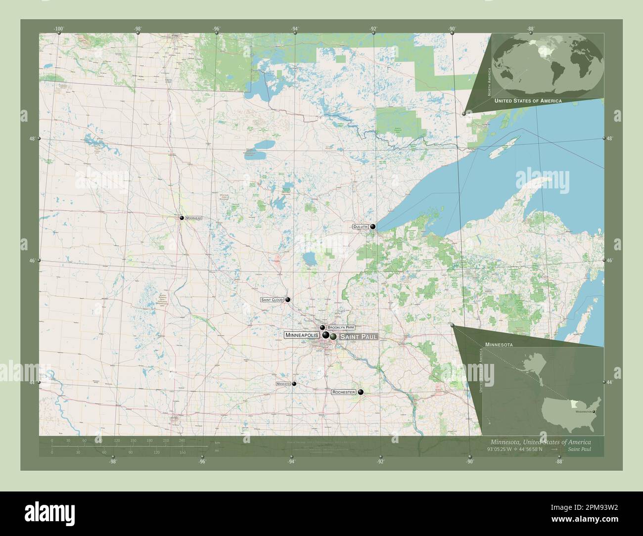 Minnesota, Bundesstaat der Vereinigten Staaten von Amerika. Straßenkarte Öffnen. Standorte und Namen der wichtigsten Städte der Region. Eckkarten für zusätzliche Standorte Stockfoto