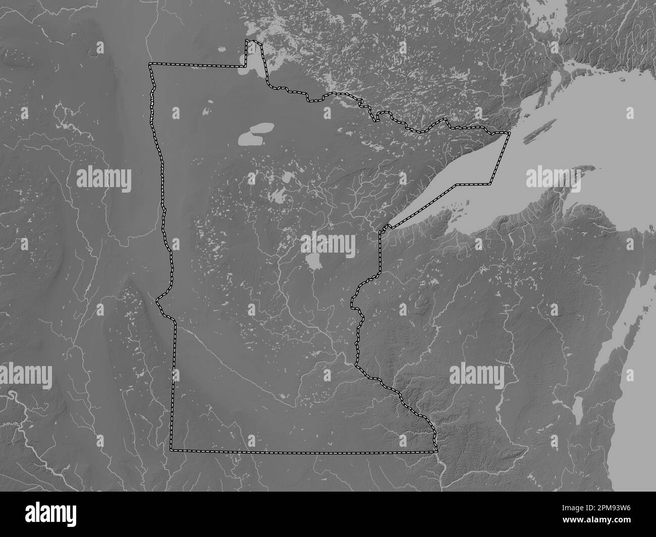 Minnesota, Bundesstaat der Vereinigten Staaten von Amerika. Grauskala-Höhenkarte mit Seen und Flüssen Stockfoto
