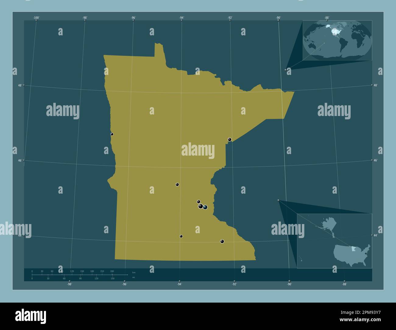 Minnesota, Bundesstaat der Vereinigten Staaten von Amerika. Durchgehende Farbform. Standorte der wichtigsten Städte der Region. Eckkarten für zusätzliche Standorte Stockfoto