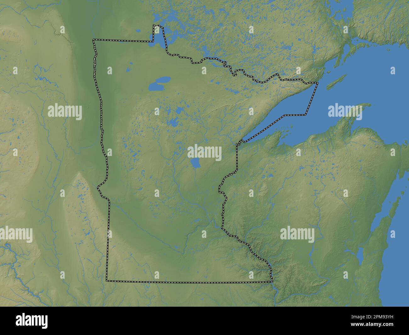 Minnesota, Bundesstaat der Vereinigten Staaten von Amerika. Farbige Höhenkarte mit Seen und Flüssen Stockfoto