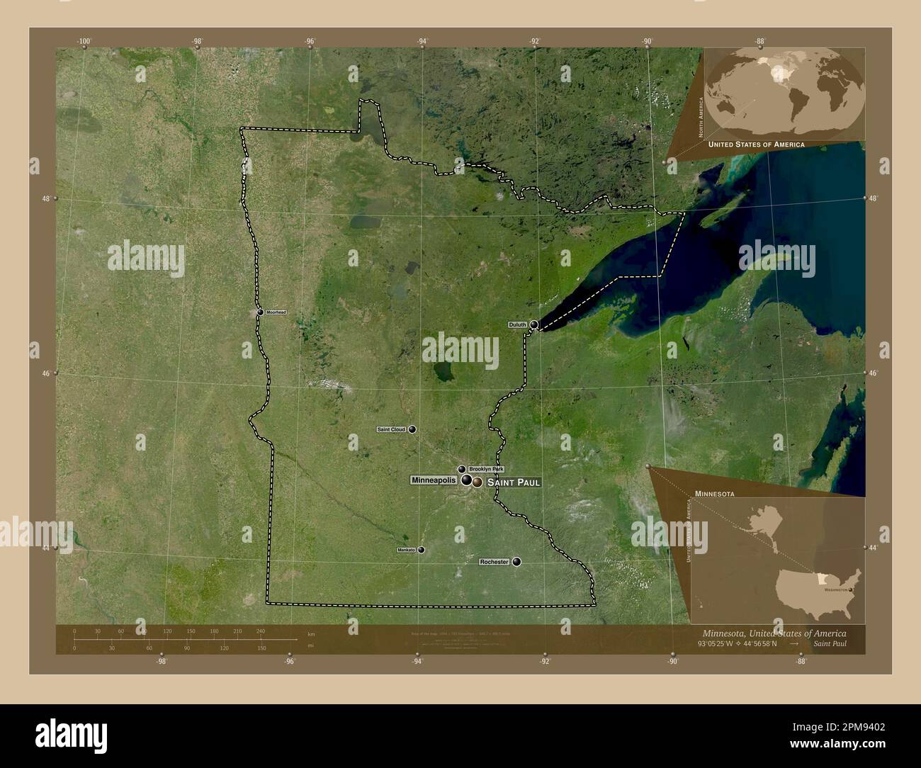 Minnesota, Bundesstaat der Vereinigten Staaten von Amerika. Satellitenkarte mit niedriger Auflösung. Standorte und Namen der wichtigsten Städte der Region. Zusätzliche Eckpunkte Stockfoto
