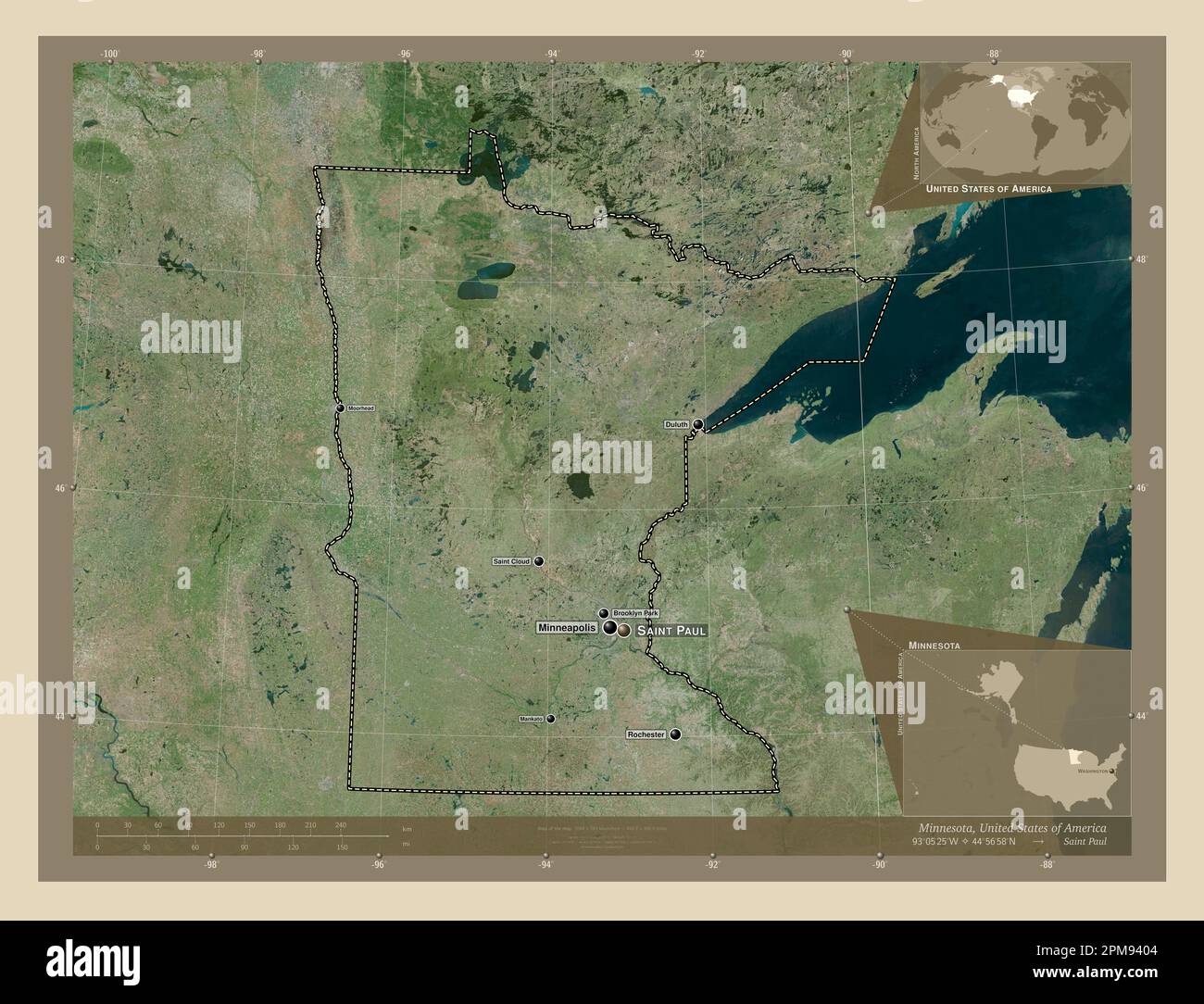 Minnesota, Bundesstaat der Vereinigten Staaten von Amerika. Hochauflösende Satellitenkarte. Standorte und Namen der wichtigsten Städte der Region. Ecke Zusatzposition Stockfoto