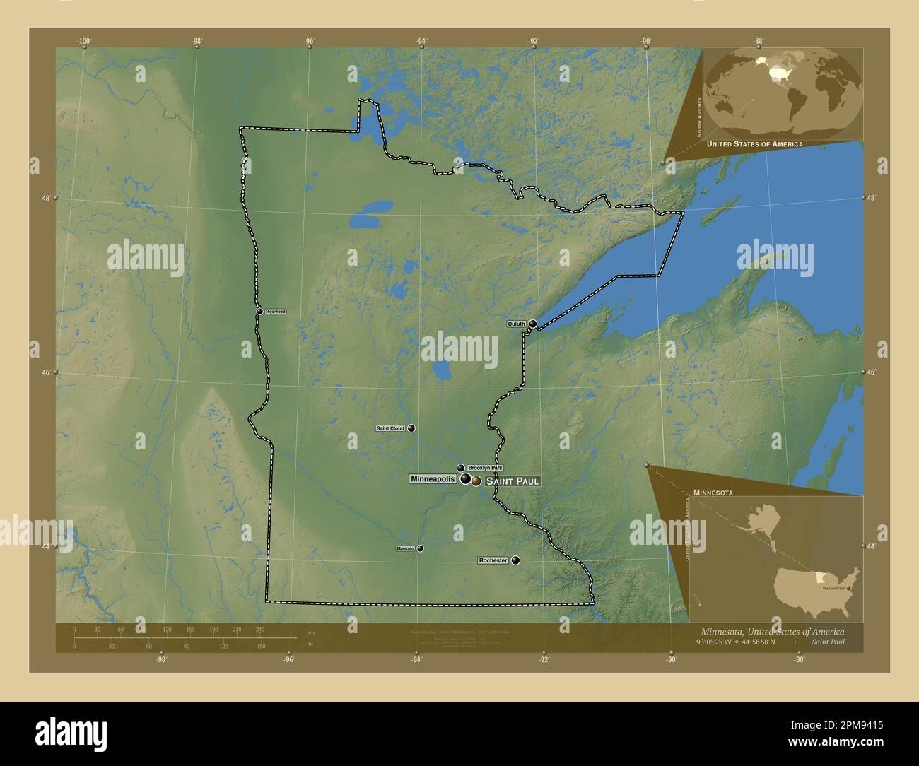 Minnesota, Bundesstaat der Vereinigten Staaten von Amerika. Farbige Höhenkarte mit Seen und Flüssen. Standorte und Namen der wichtigsten Städte der Region. Ecke A Stockfoto