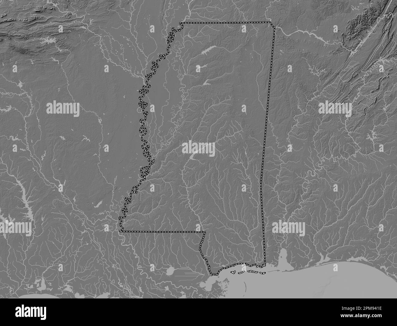 Mississippi, Bundesstaat der Vereinigten Staaten von Amerika. Bilevel-Höhenkarte mit Seen und Flüssen Stockfoto