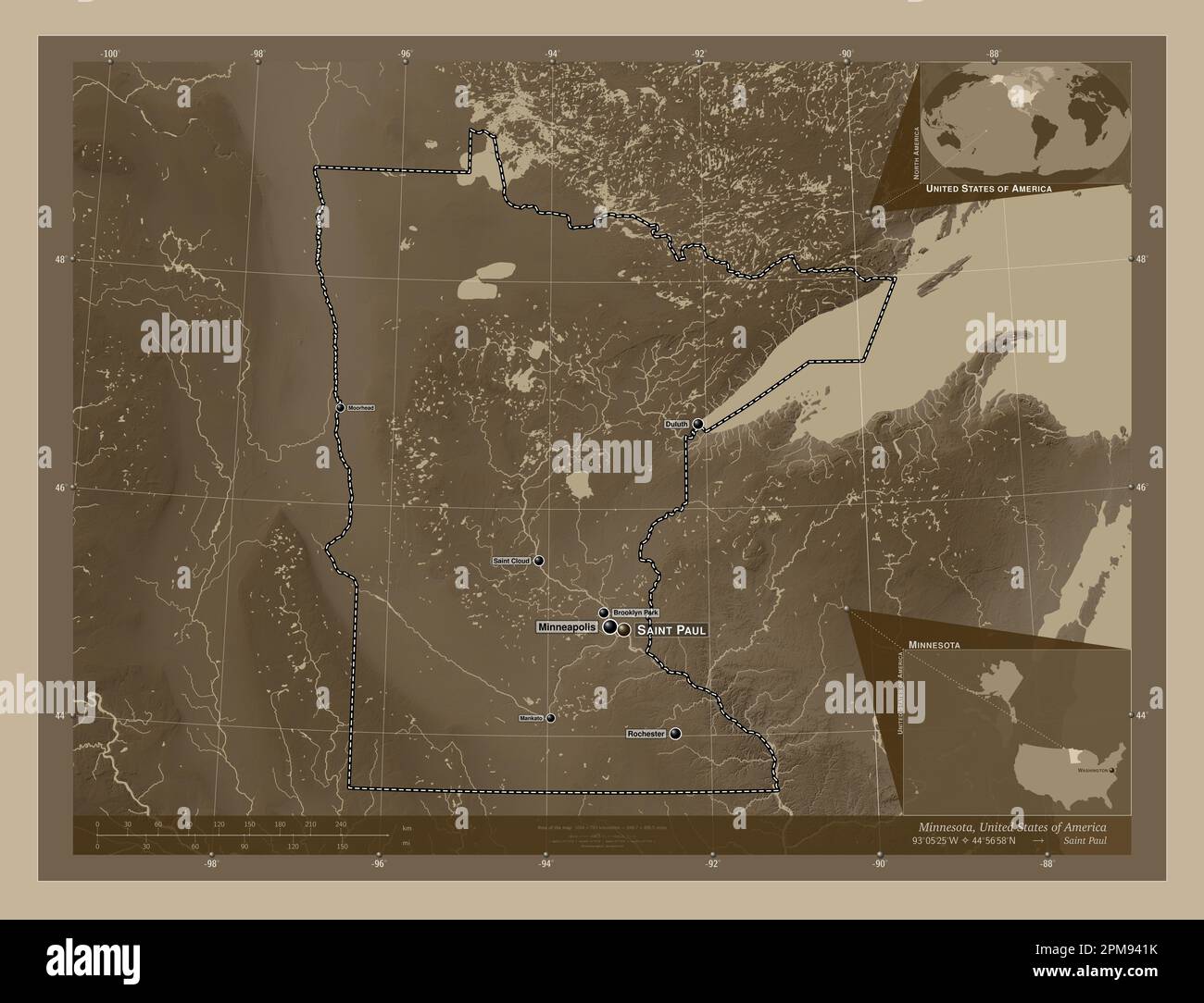 Minnesota, Bundesstaat der Vereinigten Staaten von Amerika. Höhenplan in Sepia-Tönen mit Seen und Flüssen. Standorte und Namen der wichtigsten Städte der r Stockfoto