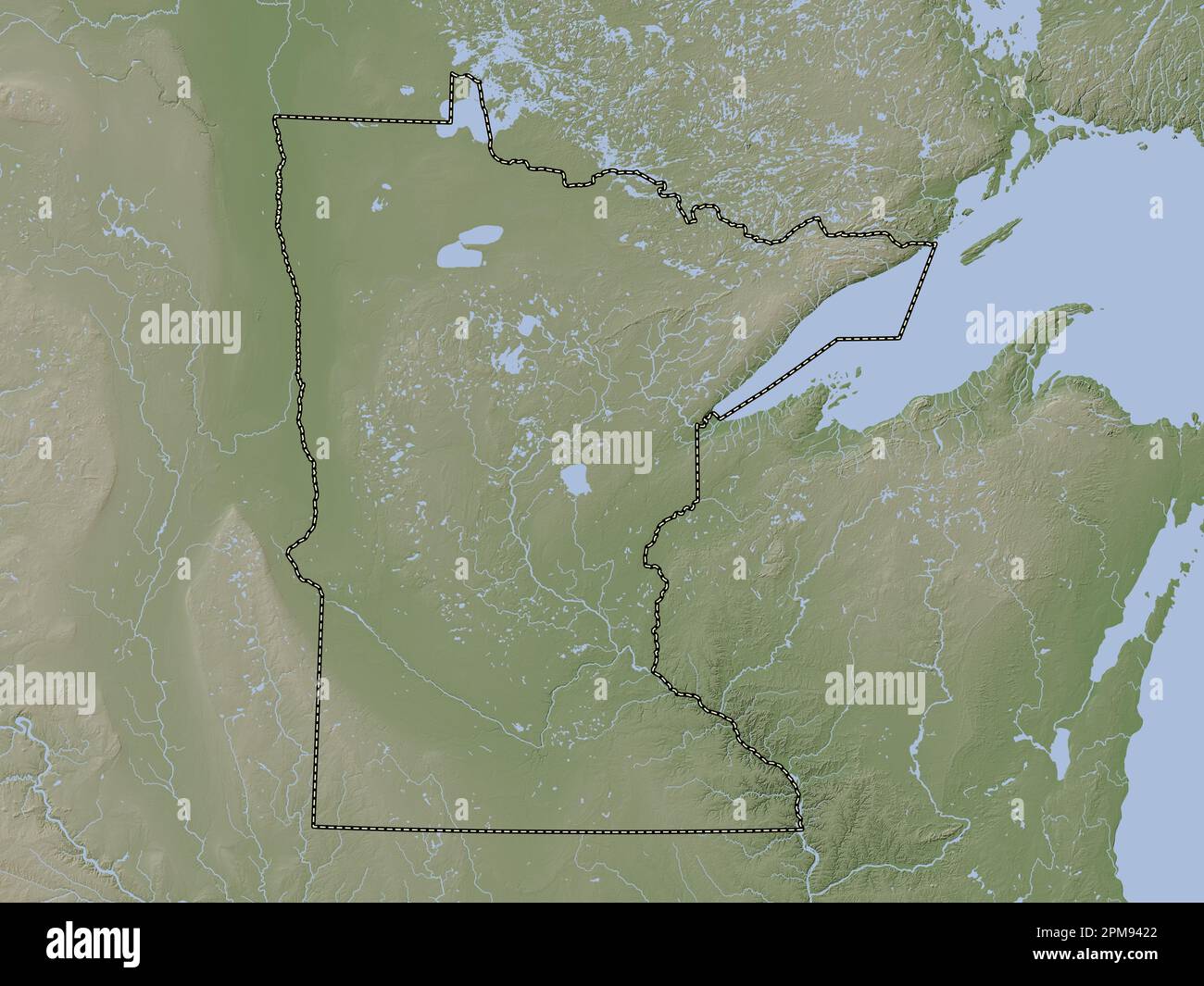 Minnesota, Bundesstaat der Vereinigten Staaten von Amerika. Höhenkarte im Wiki-Stil mit Seen und Flüssen Stockfoto