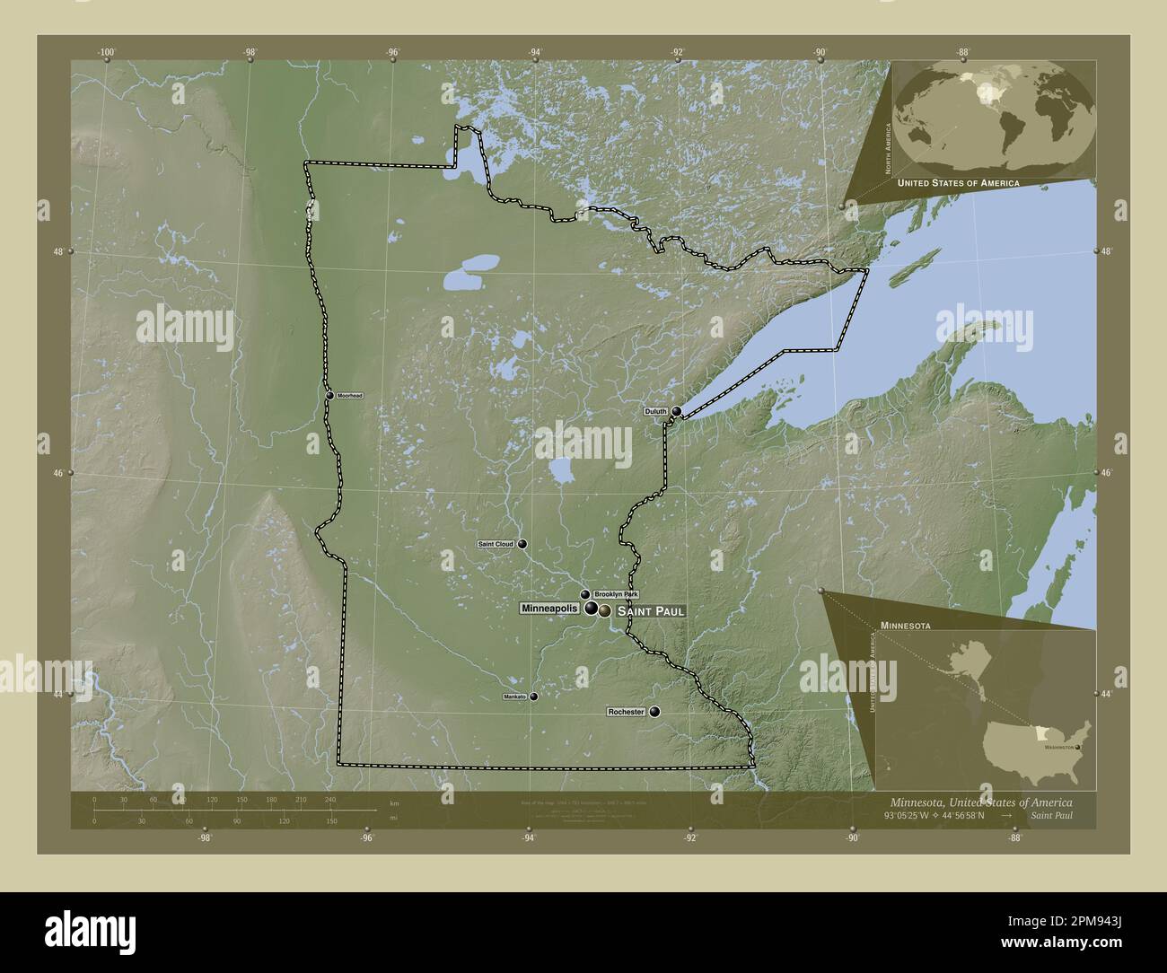Minnesota, Bundesstaat der Vereinigten Staaten von Amerika. Höhenkarte im Wiki-Stil mit Seen und Flüssen. Standorte und Namen der wichtigsten Städte der RE Stockfoto