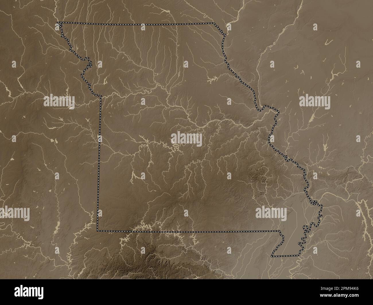 Missouri, Bundesstaat der Vereinigten Staaten von Amerika. Höhenplan in Sepia-Tönen mit Seen und Flüssen Stockfoto