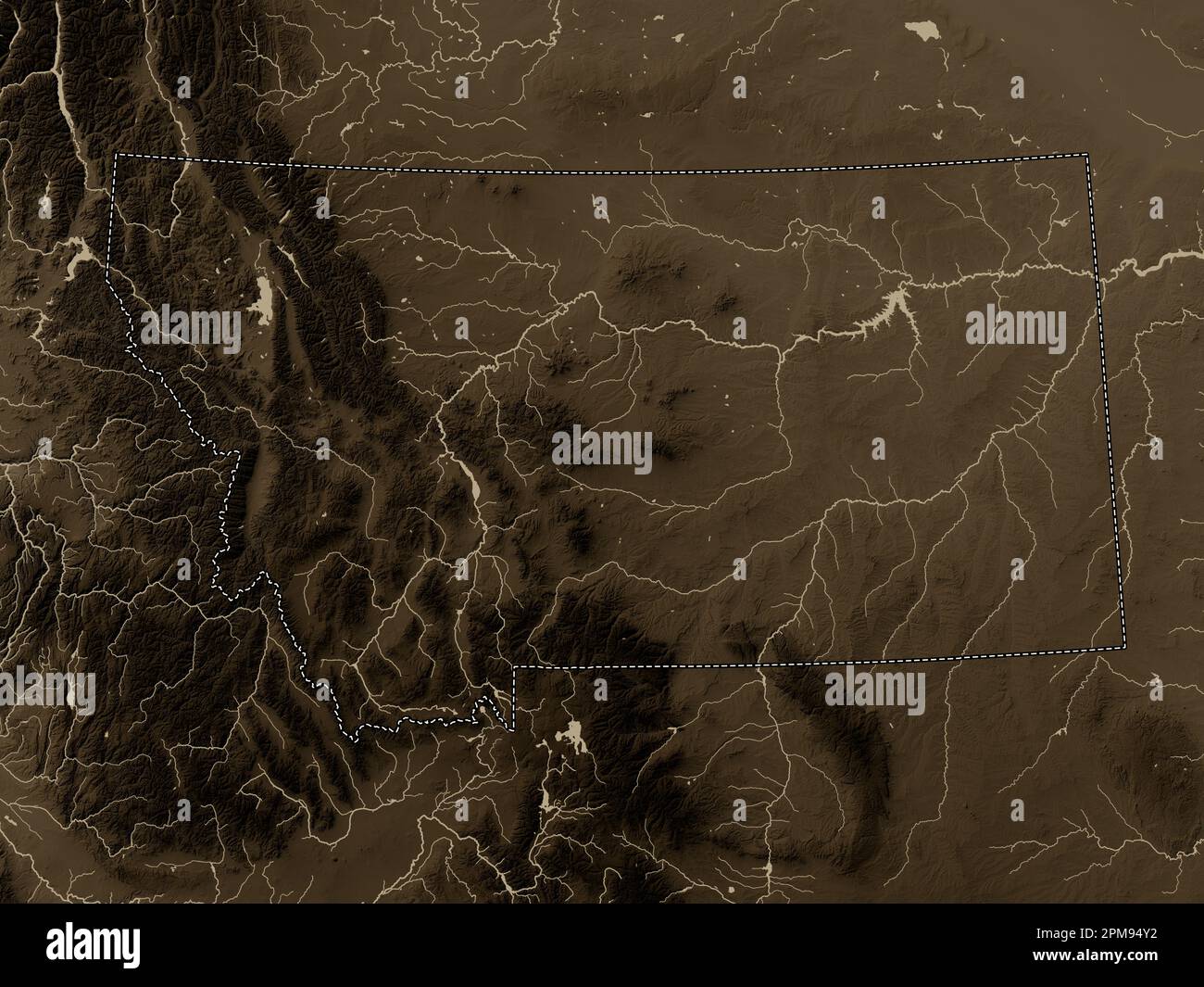 Montana, Bundesstaat der Vereinigten Staaten von Amerika. Höhenplan in Sepia-Tönen mit Seen und Flüssen Stockfoto