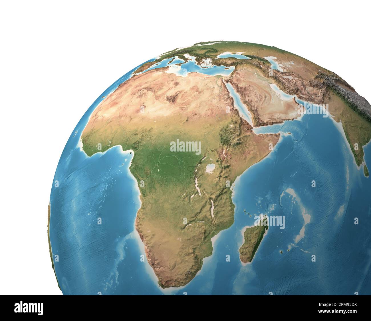 Hochauflösende Satellitenansicht des Planeten Erde mit Schwerpunkt auf Afrika und dem Nahen Osten - 3D-Darstellung, Elemente dieses Bildes bereitgestellt von der NASA. Stockfoto