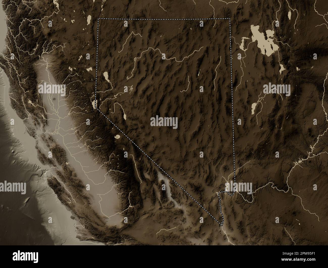 Nevada, Bundesstaat der Vereinigten Staaten von Amerika. Höhenplan in Sepia-Tönen mit Seen und Flüssen Stockfoto